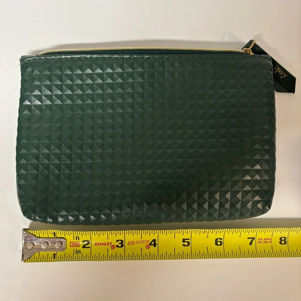 Ipsy Dark Green Textured‎ Geometric Pyramid Makeup Bag Pink Interior Pouch